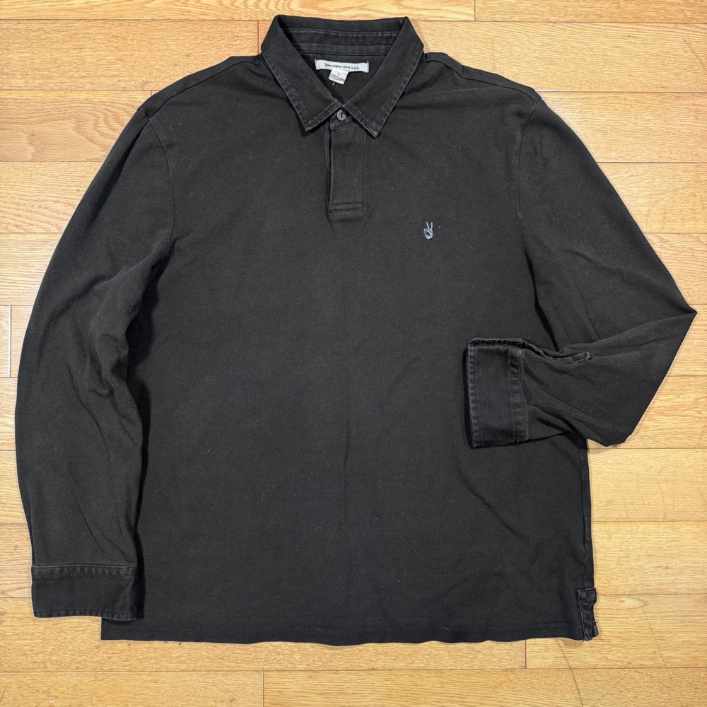 John Varvatos LARGE Black Long Sleeve Embroidered Peace Sign Polo Shirt Men